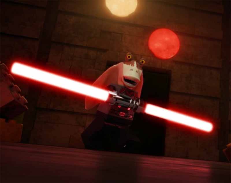 Darth Jar Jar ignites his double-bladed lightsaber